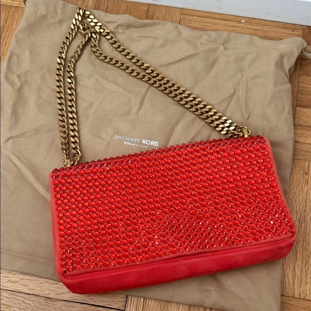 Michael Kors Collection Red Crystal Clutch with Gold Chain
